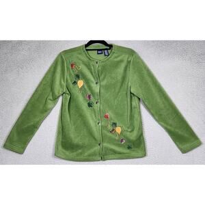 BASIC EDITIONS Sweater Womens Small Green Cardigan Embroidered Fall Leaves